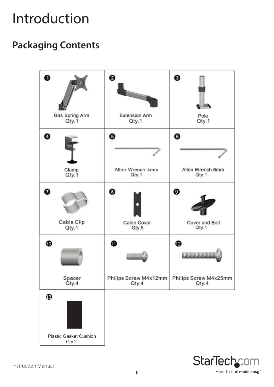 Introduction, Packaging contents | StarTech.com ARMPIVOTE User Manual | Page 4 / 15