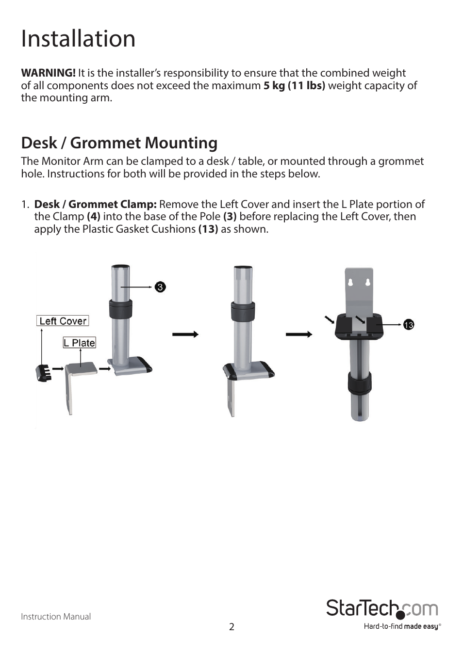 Installation, Desk / grommet mounting | StarTech.com ARMPIVOTE User Manual | Page 6 / 15