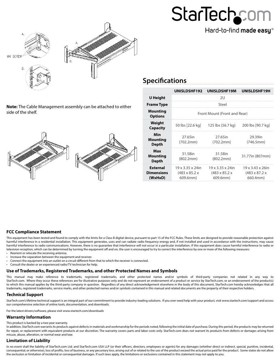 Specifications | StarTech.com UNISLDSHF19x User Manual | Page 2 / 2