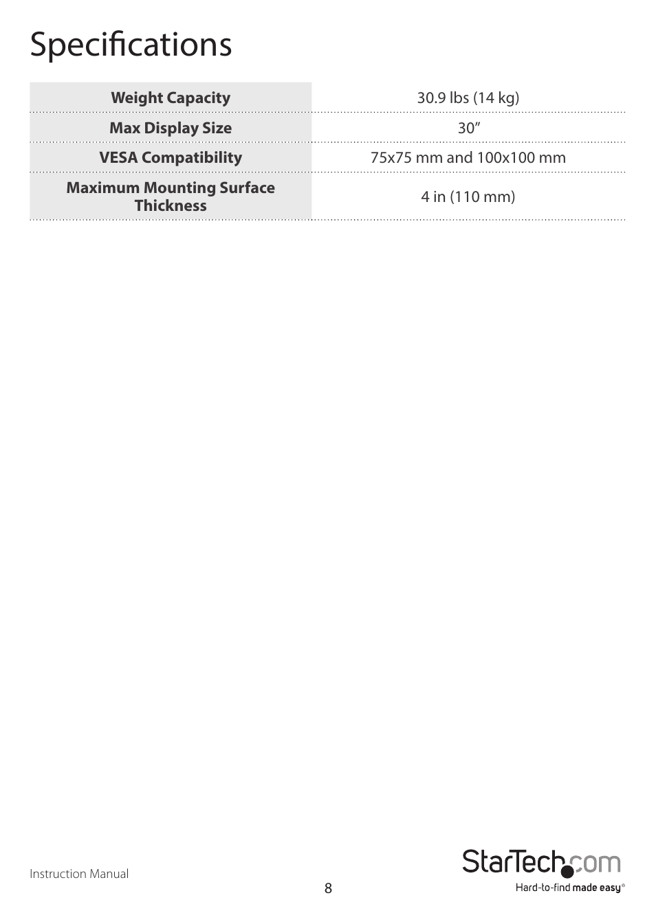 Specifications | StarTech.com ARMPIVOT User Manual | Page 11 / 13