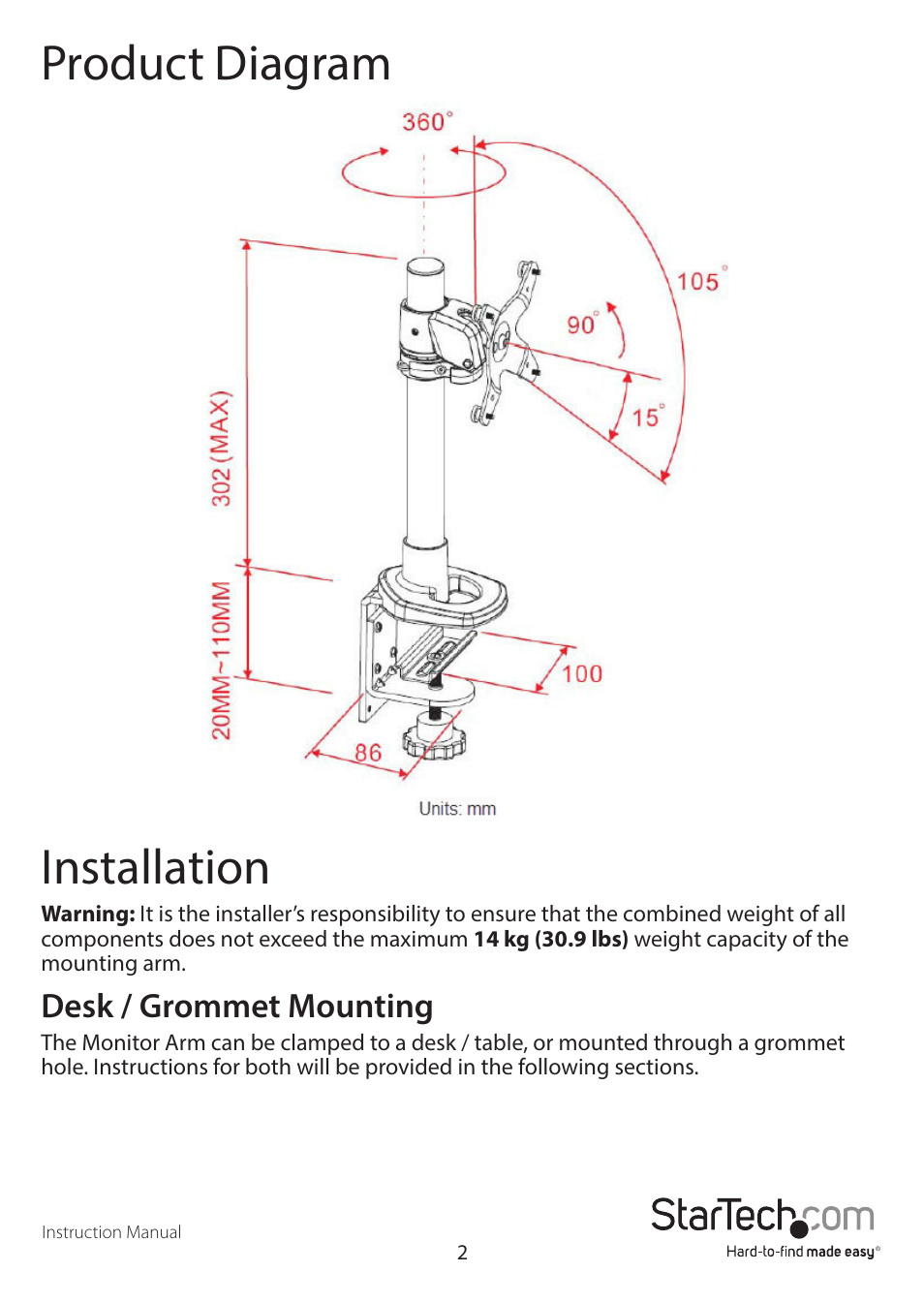 Product diagram installation, Desk / grommet mounting | StarTech.com ARMPIVOT User Manual | Page 5 / 13