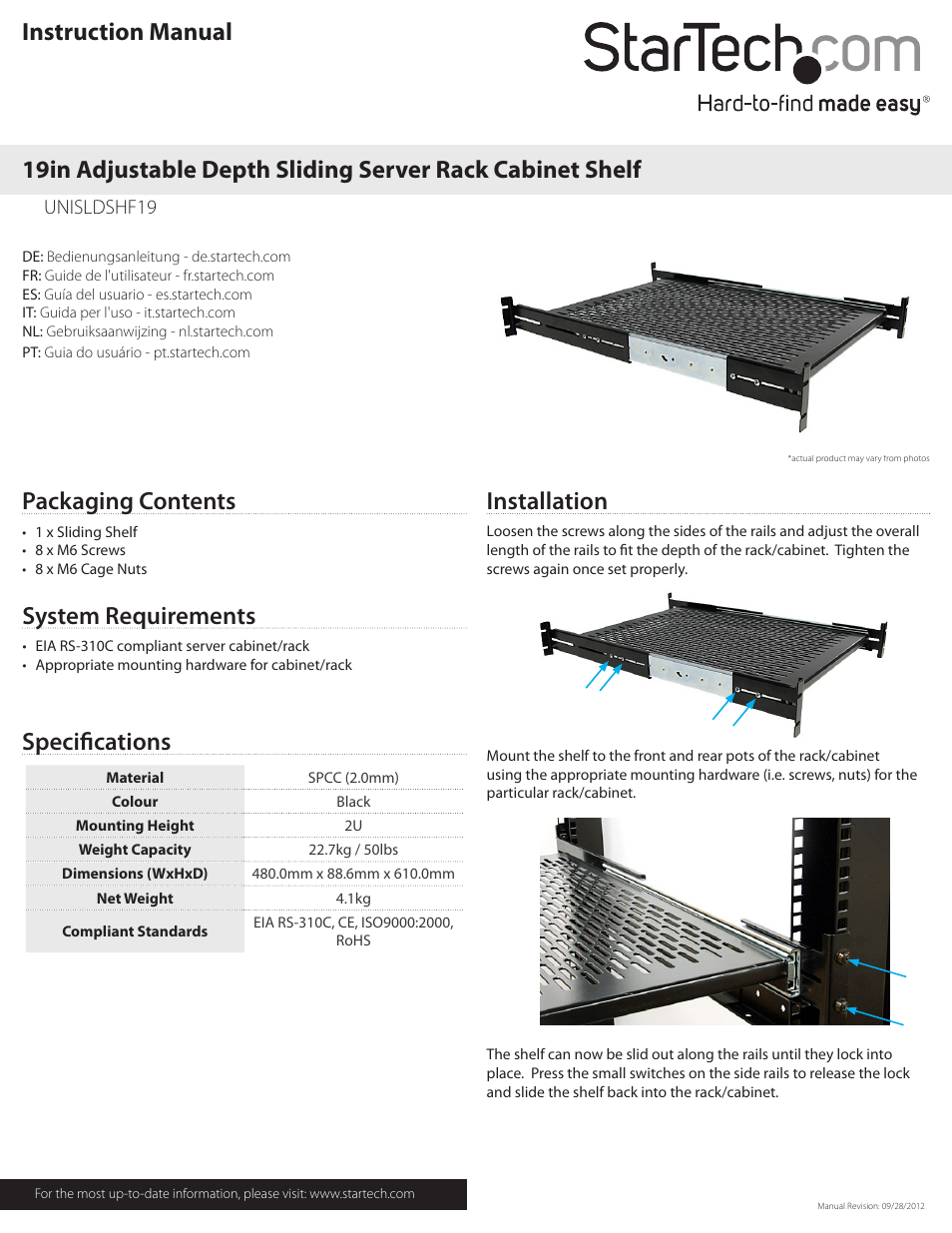 StarTech.com UNISLDSHF19 User Manual | 2 pages