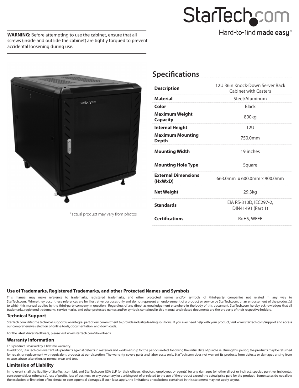 Specifications | StarTech.com RK1236BKF User Manual | Page 3 / 3