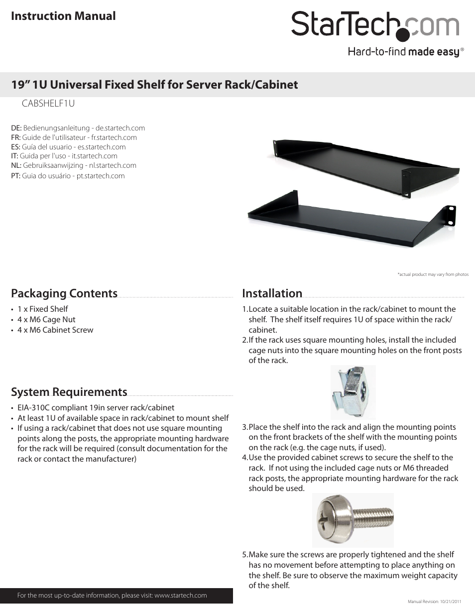 StarTech.com CABSHELF1U User Manual | 2 pages