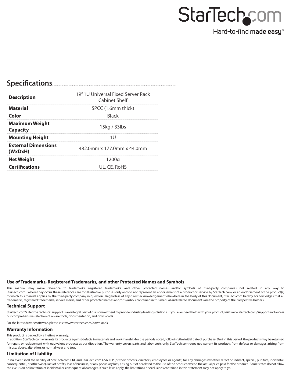 Specifications | StarTech.com CABSHELF1U User Manual | Page 2 / 2