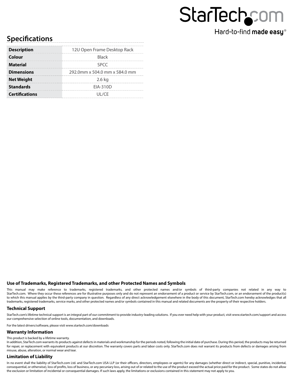 Specifications | StarTech.com RK12OD User Manual | Page 2 / 2