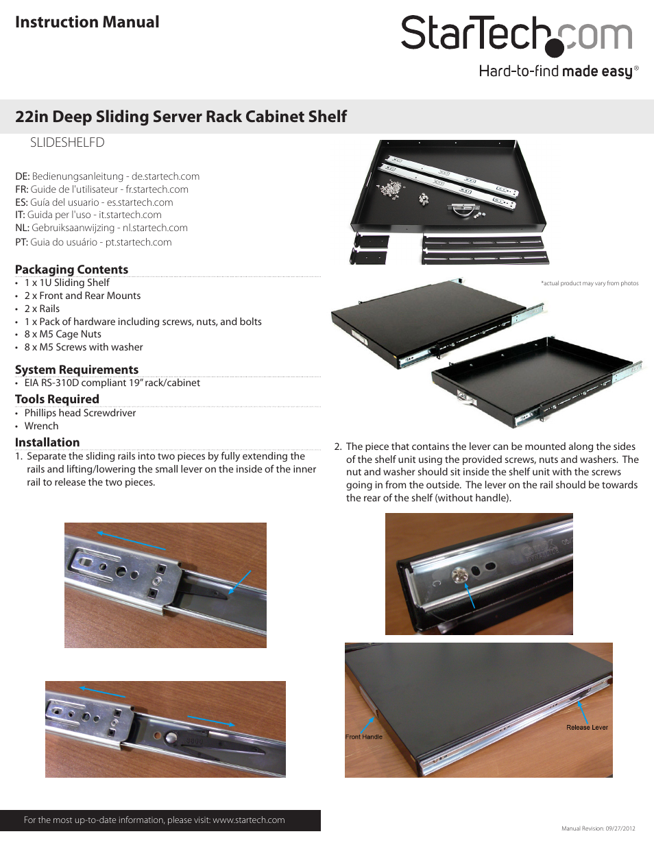 StarTech.com SLIDESHELFD User Manual | 2 pages