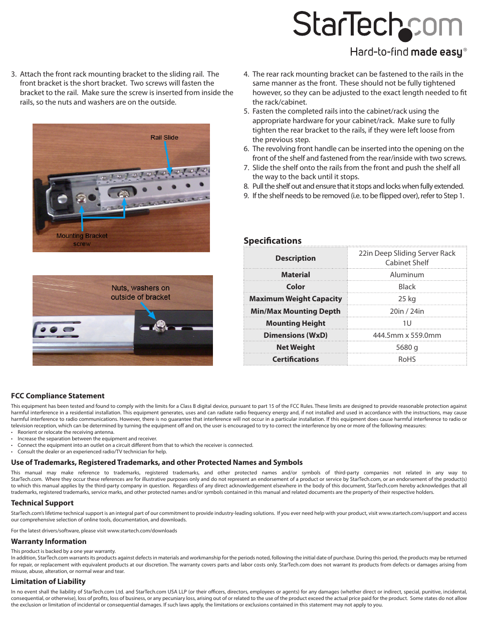 Specifications | StarTech.com SLIDESHELFD User Manual | Page 2 / 2