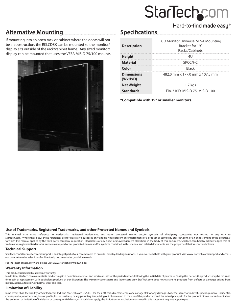 Alternative mounting, Specifications | StarTech.com RKLCDBK User Manual | Page 2 / 2