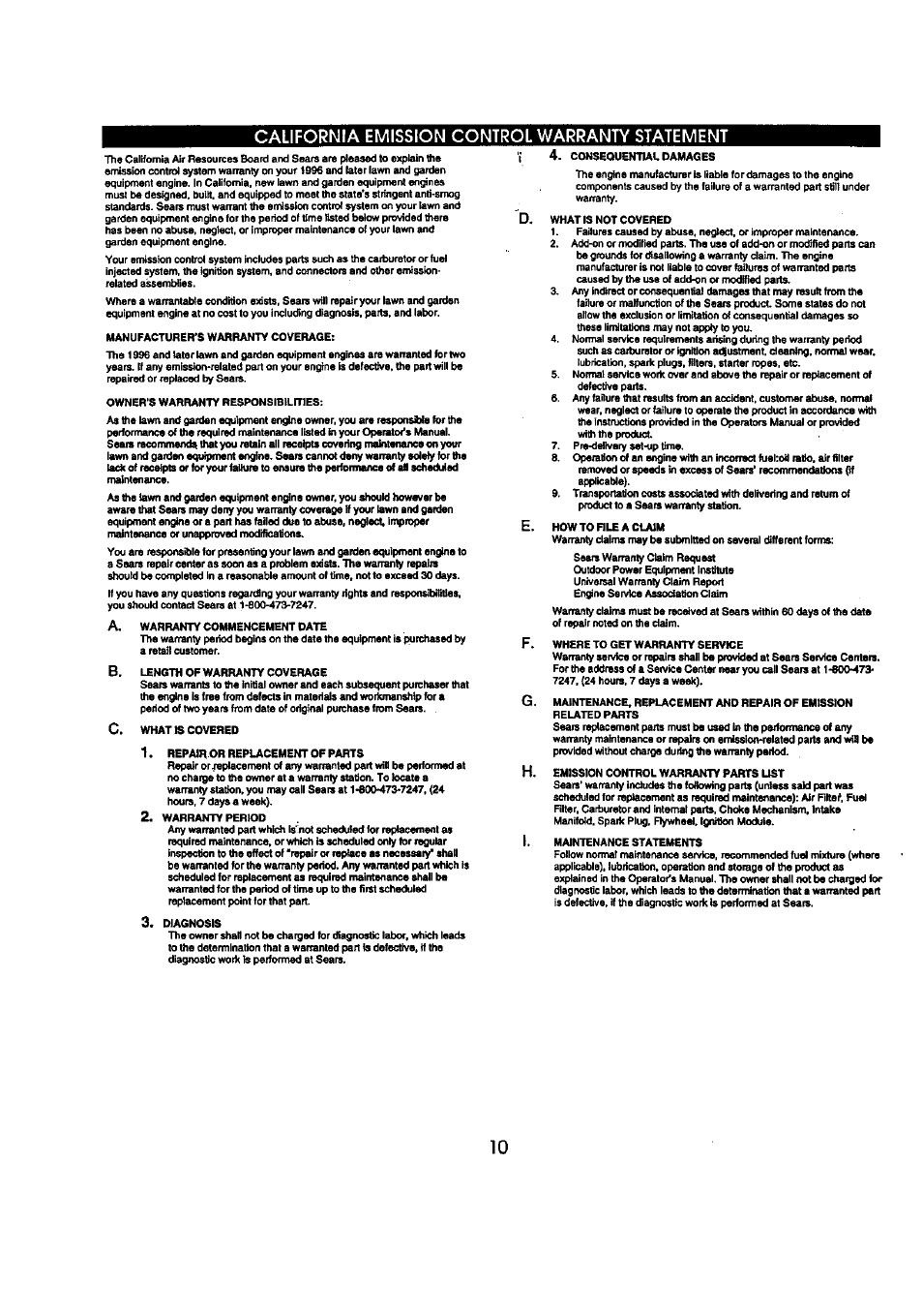 California emission control warranty statement | Craftsman 360.796900 User Manual | Page 10 / 16