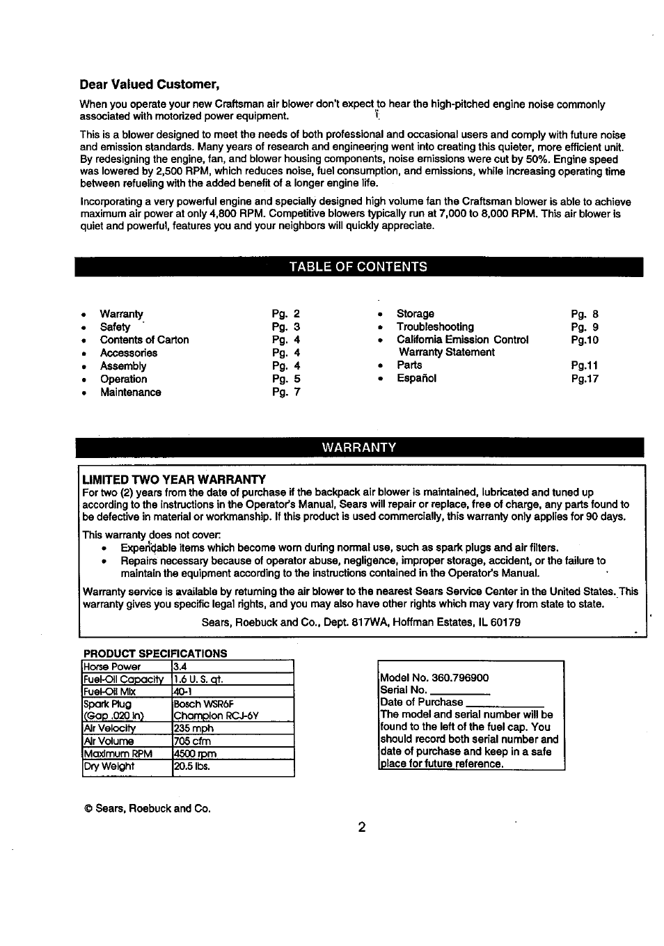 Dear valued customer | Craftsman 360.796900 User Manual | Page 2 / 16