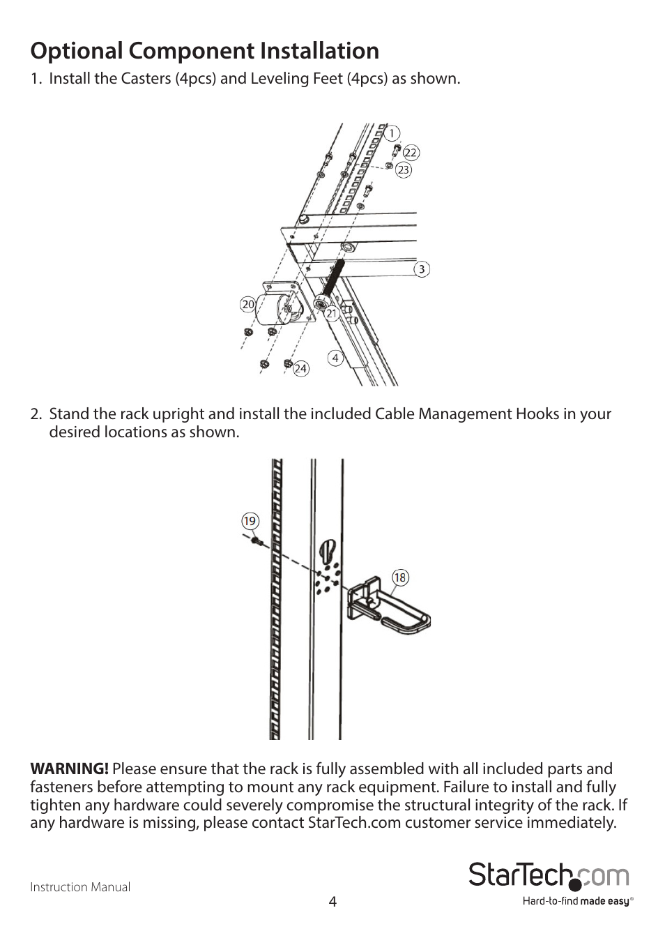 Optional component installation | StarTech.com 4POSTRACK25U User Manual | Page 7 / 10