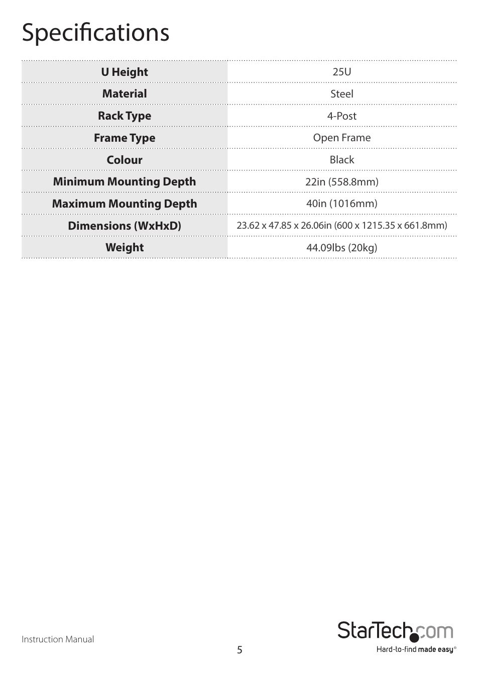 Specifications | StarTech.com 4POSTRACK25U User Manual | Page 8 / 10