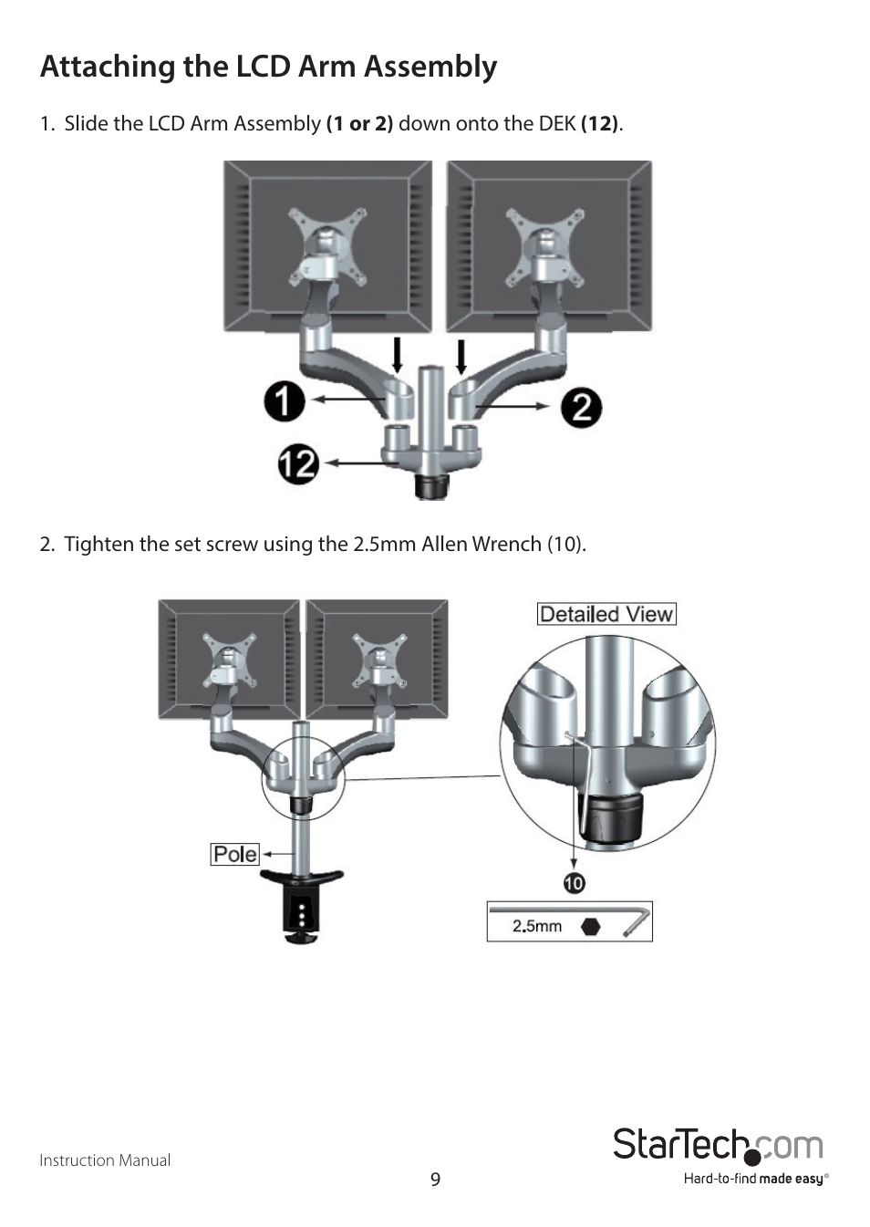 Attaching the lcd arm assembly | StarTech.com ARMDUAL User Manual | Page 12 / 19