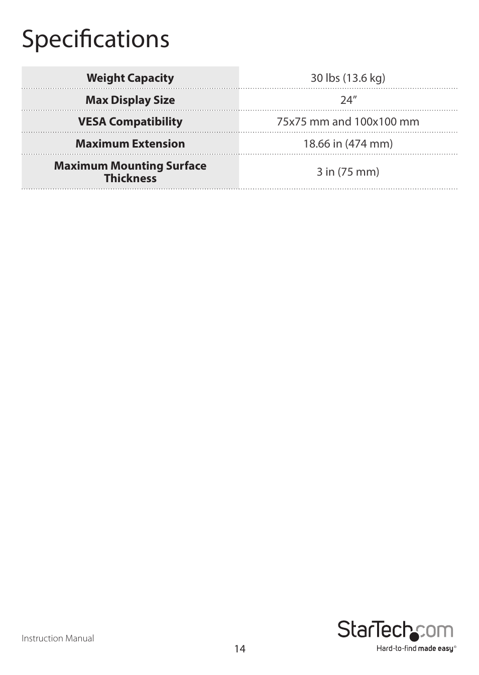 Specifications | StarTech.com ARMDUAL User Manual | Page 17 / 19