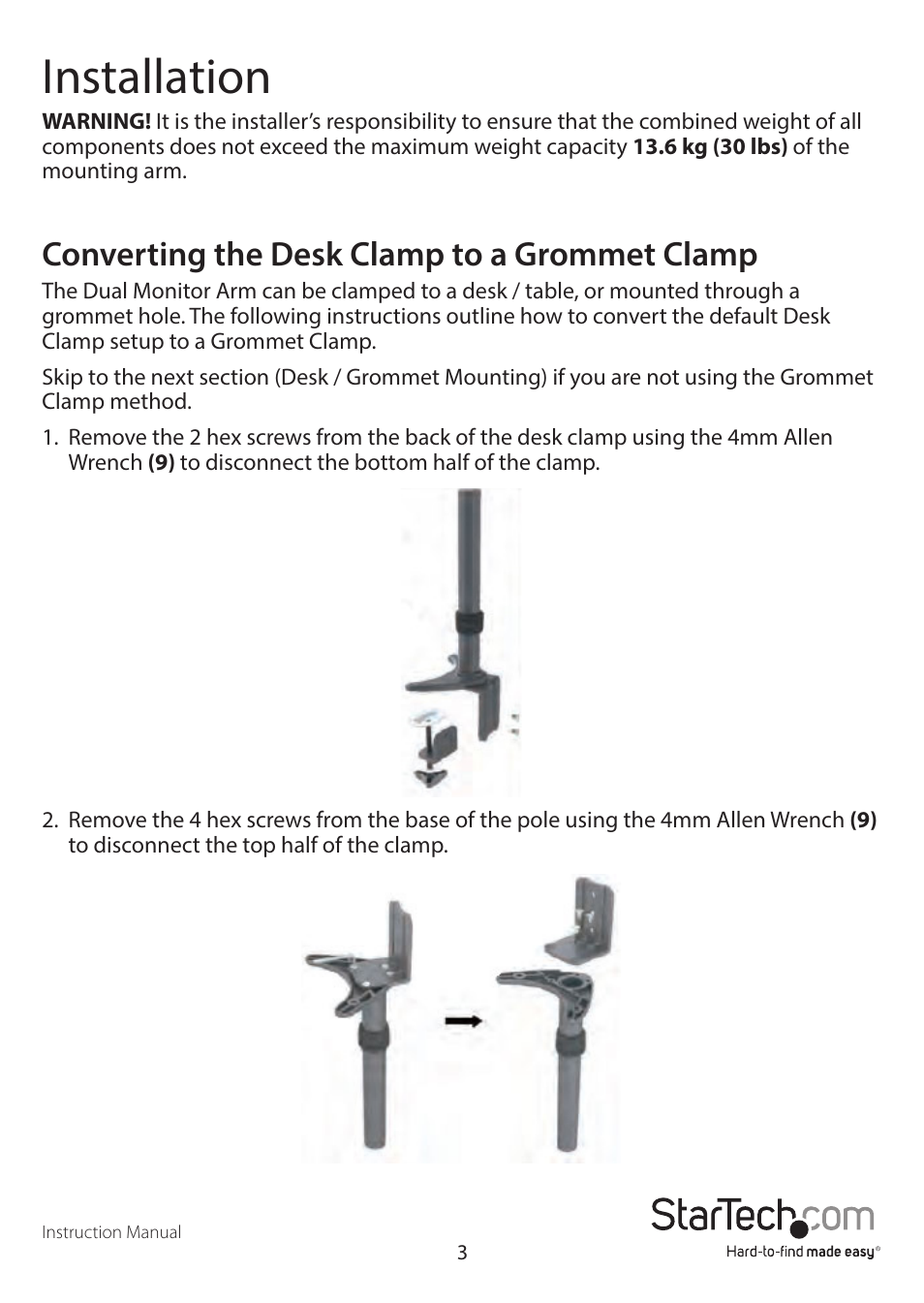 Installation, Converting the desk clamp to a grommet clamp | StarTech.com ARMDUAL User Manual | Page 6 / 19