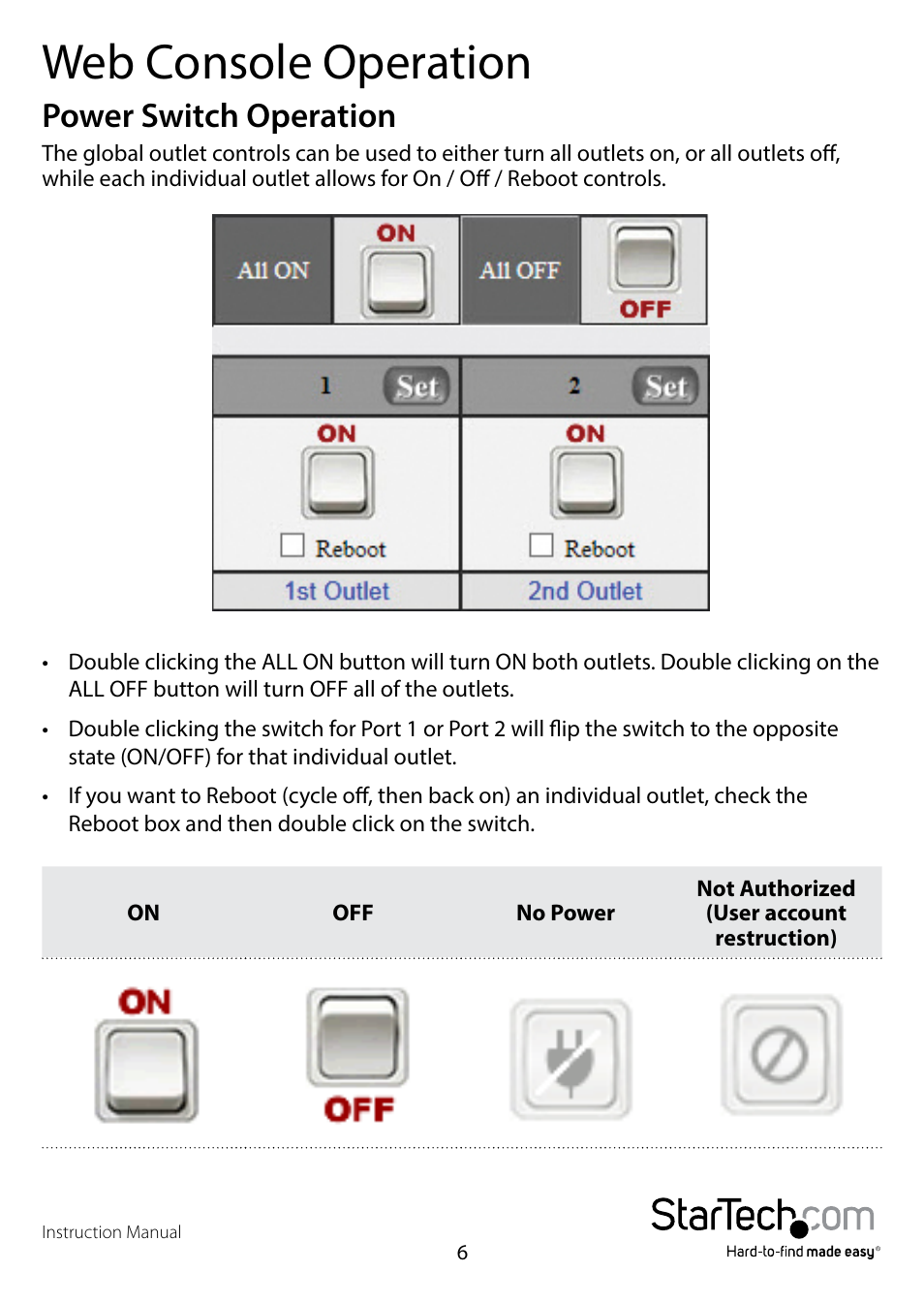 Web console operation, Power switch operation | StarTech.com PDU02IPSC Manual User Manual | Page 10 / 29