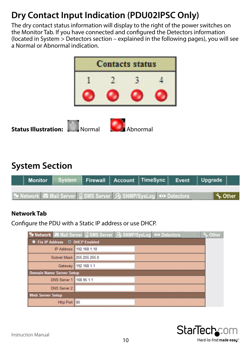 Dry contact input indication (pdu02ipsc only), System section | StarTech.com PDU02IPSC Manual User Manual | Page 14 / 29