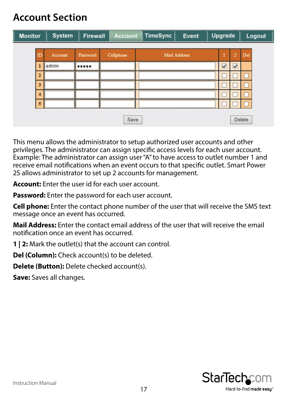 Account section | StarTech.com PDU02IPSC Manual User Manual | Page 21 / 29