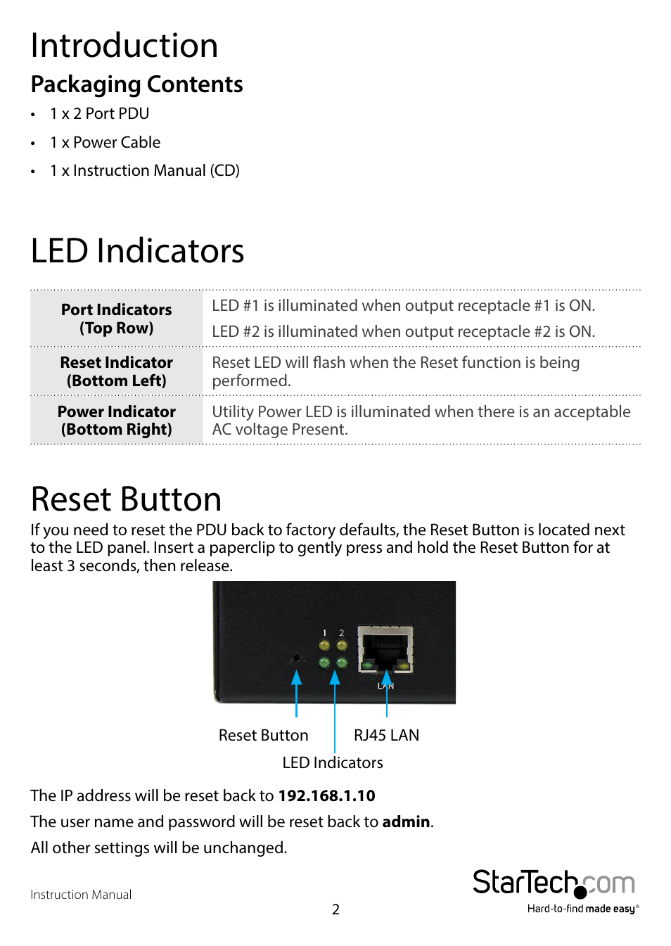 Introduction, Packaging contents, Led indicators | Reset button | StarTech.com PDU02IPSC Manual User Manual | Page 6 / 29