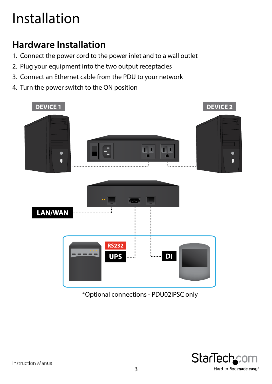 Installation, Hardware installation | StarTech.com PDU02IPSC Manual User Manual | Page 7 / 29