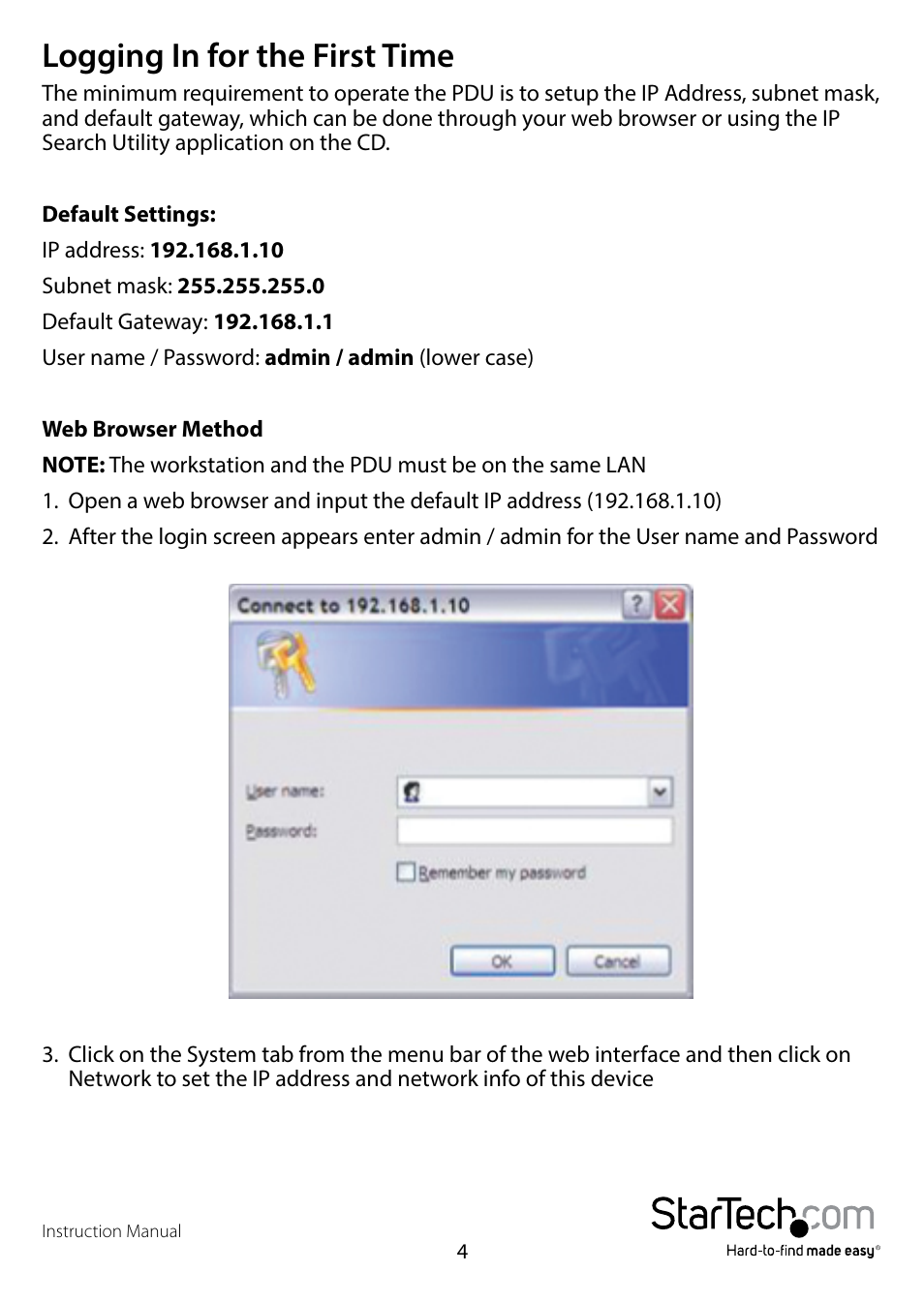 Logging in for the first time | StarTech.com PDU02IPSC Manual User Manual | Page 8 / 29