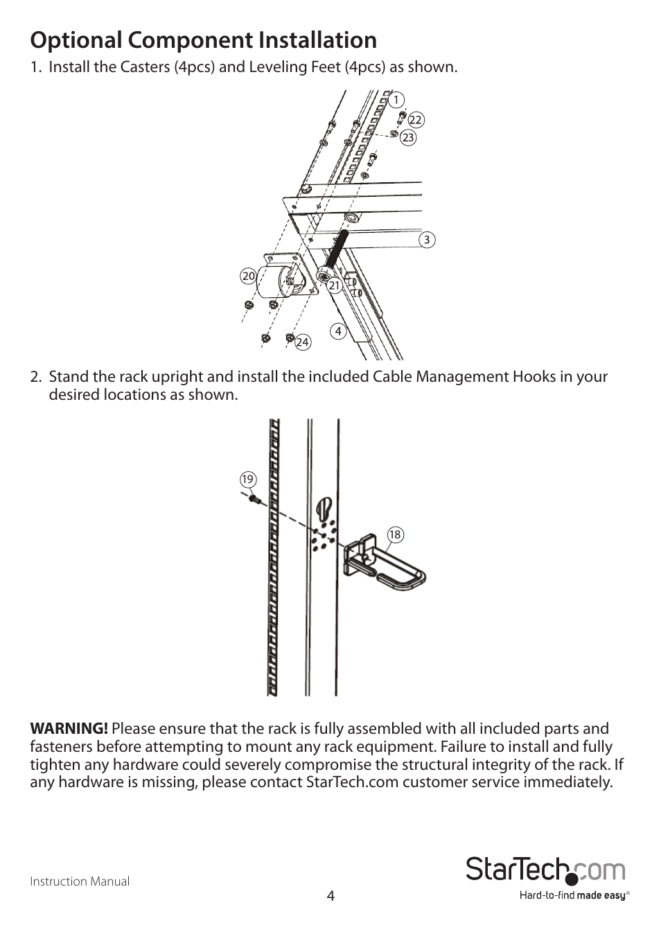 Optional component installation | StarTech.com 4POSTRACK42 User Manual | Page 7 / 10
