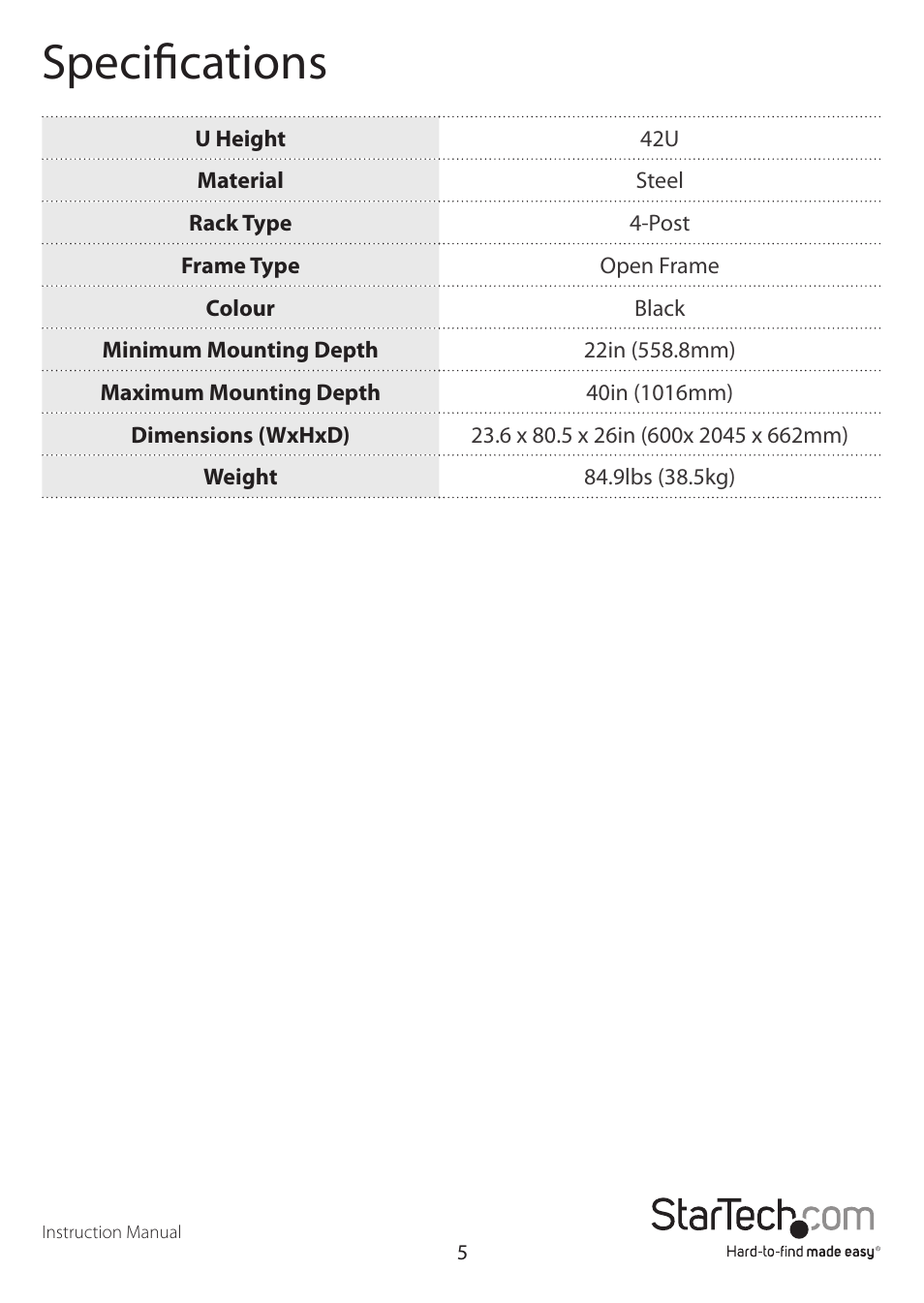Specifications | StarTech.com 4POSTRACK42 User Manual | Page 8 / 10