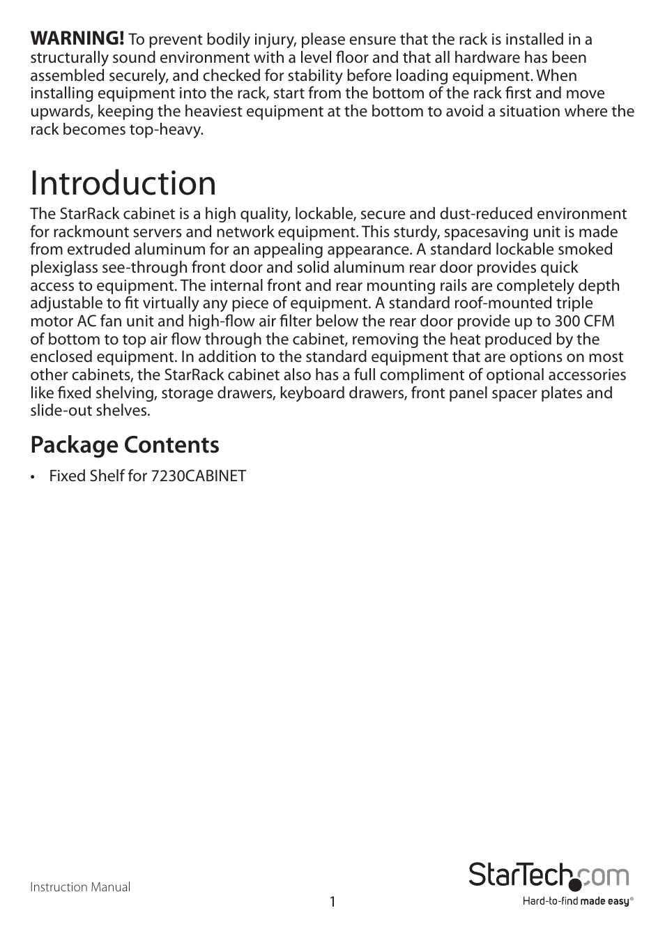 Introduction, Package contents, Warning | StarTech.com 7236CABINET User Manual | Page 4 / 11