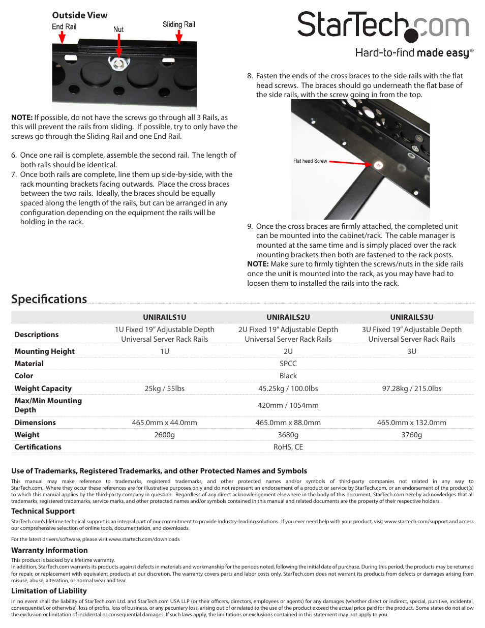 Specifications, Outside view | StarTech.com UNIRAILS3U User Manual | Page 2 / 2