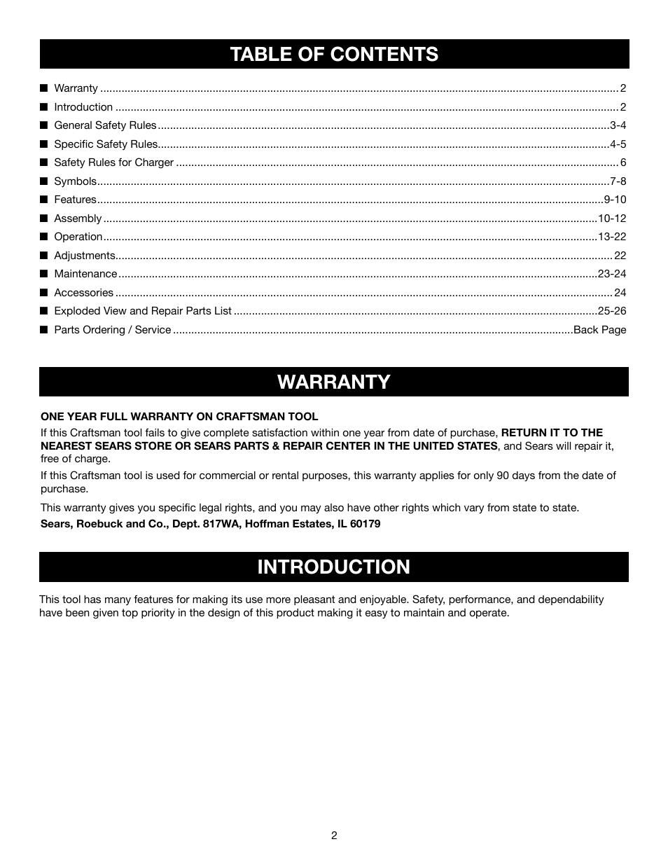 Table of contents warranty introduction | Craftsman 315.11516 User Manual | Page 2 / 4