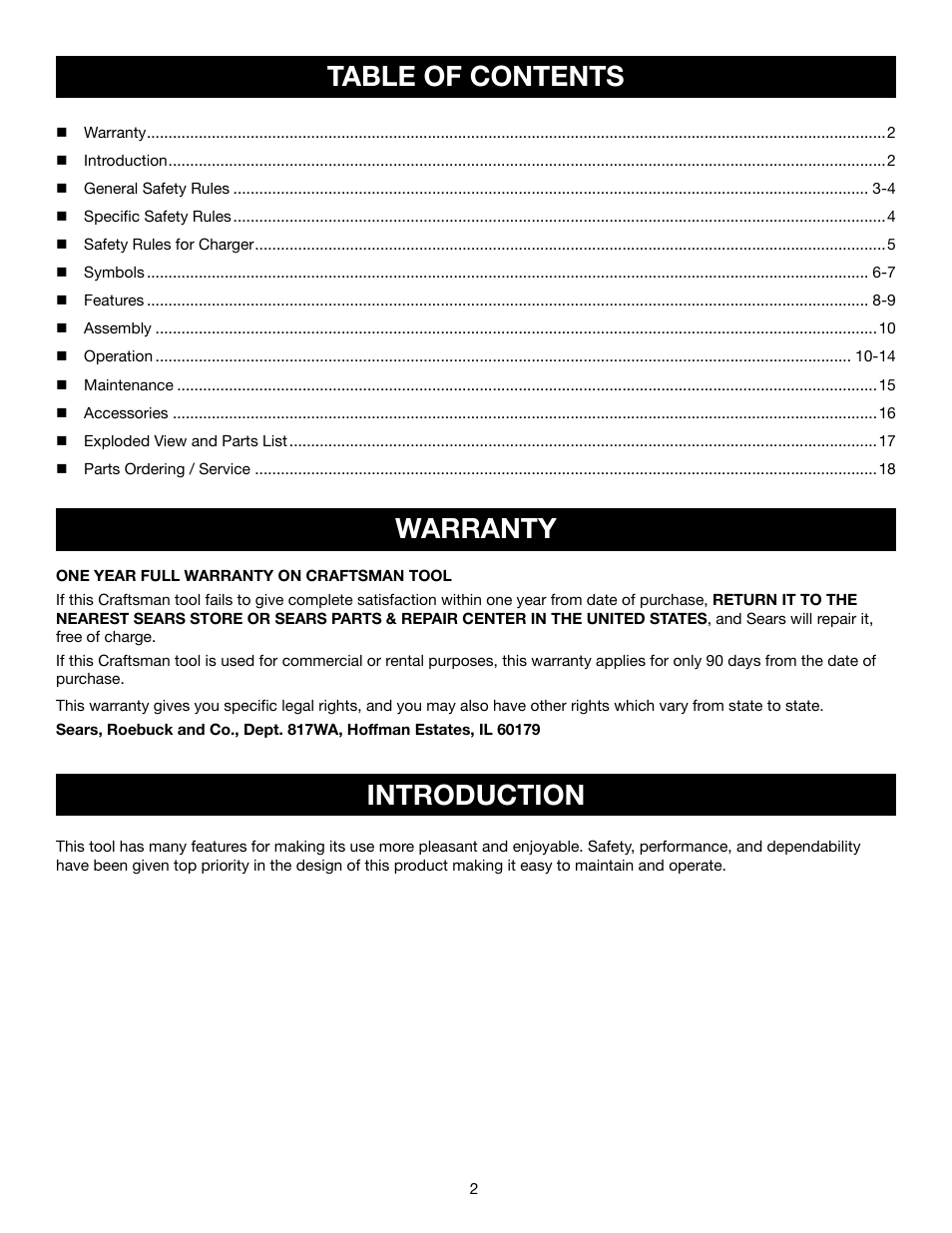 Table of contents warranty introduction | Craftsman 315.11516 User Manual | Page 4 / 4