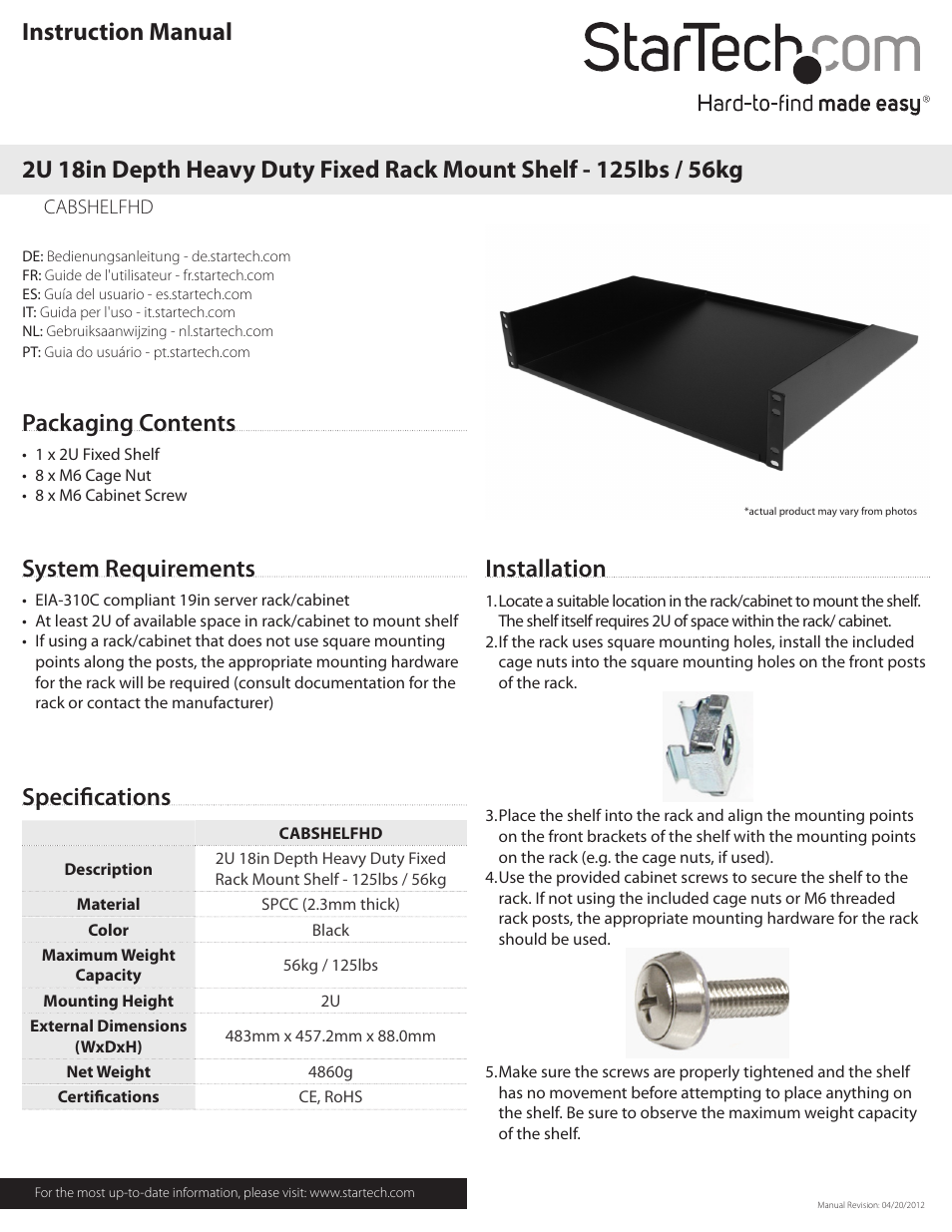 StarTech.com CABSHELFHD User Manual | 2 pages