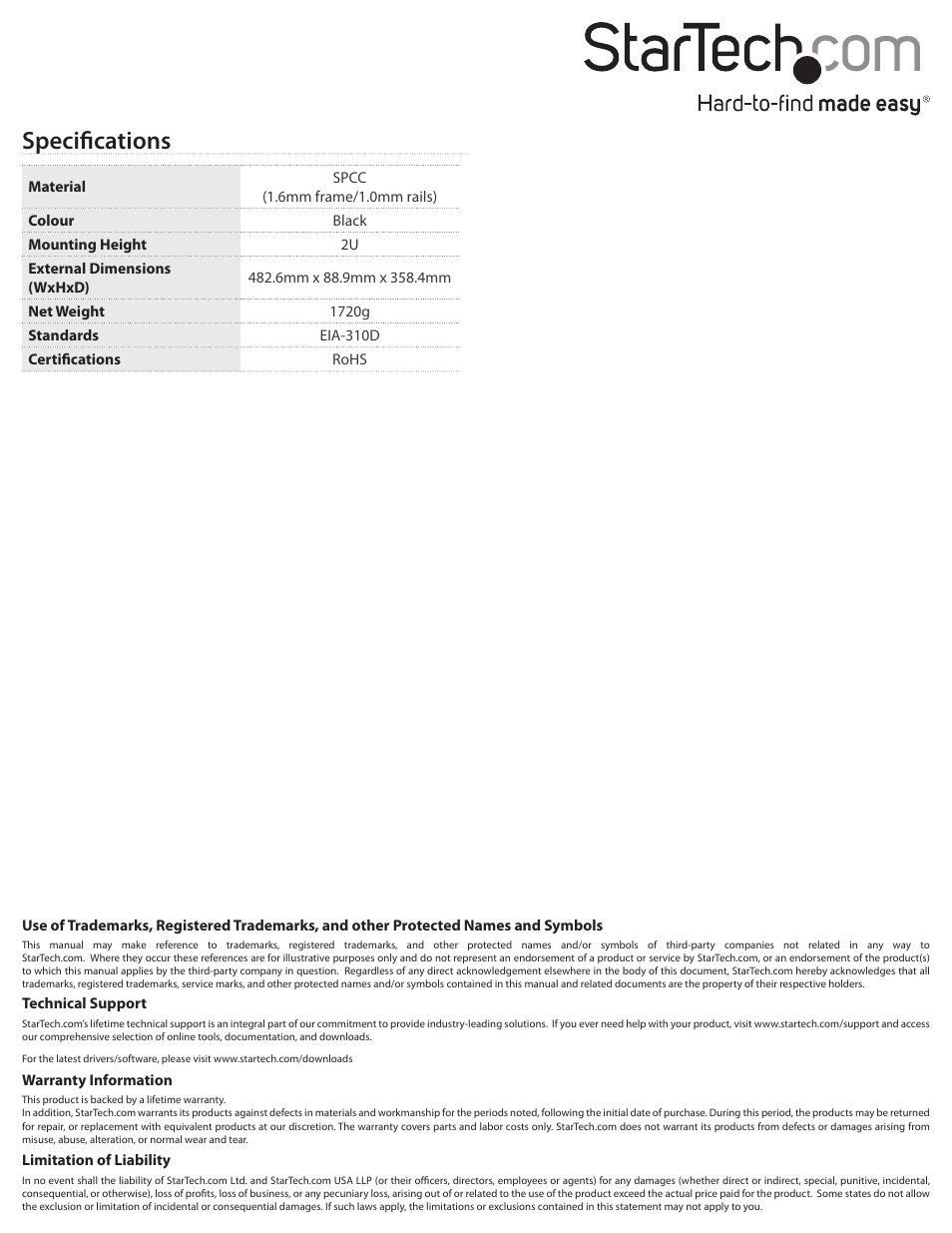 Specifications | StarTech.com ADJDINKIT User Manual | Page 2 / 2