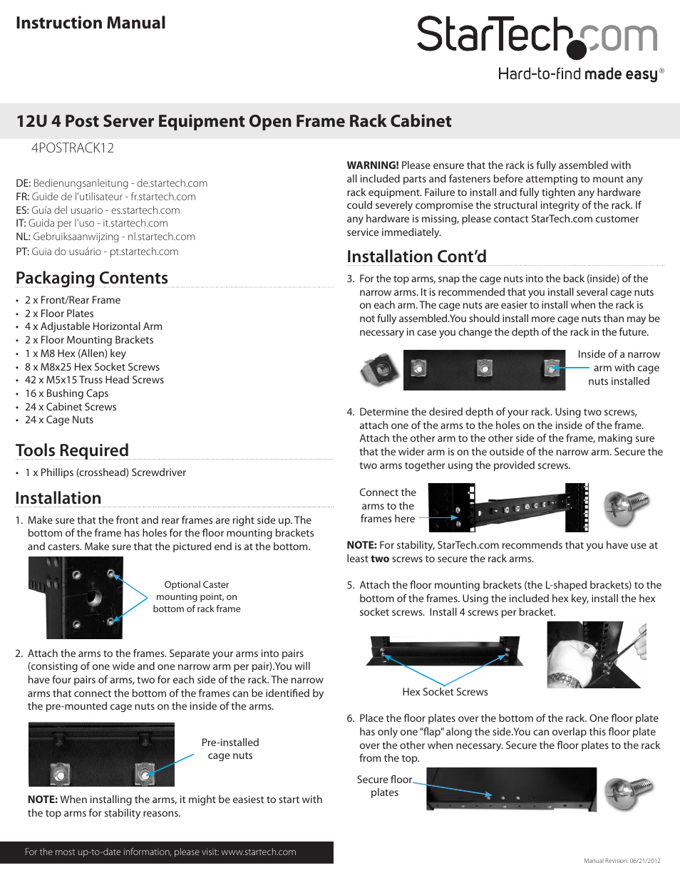 StarTech.com 4POSTRACK12 User Manual | 2 pages