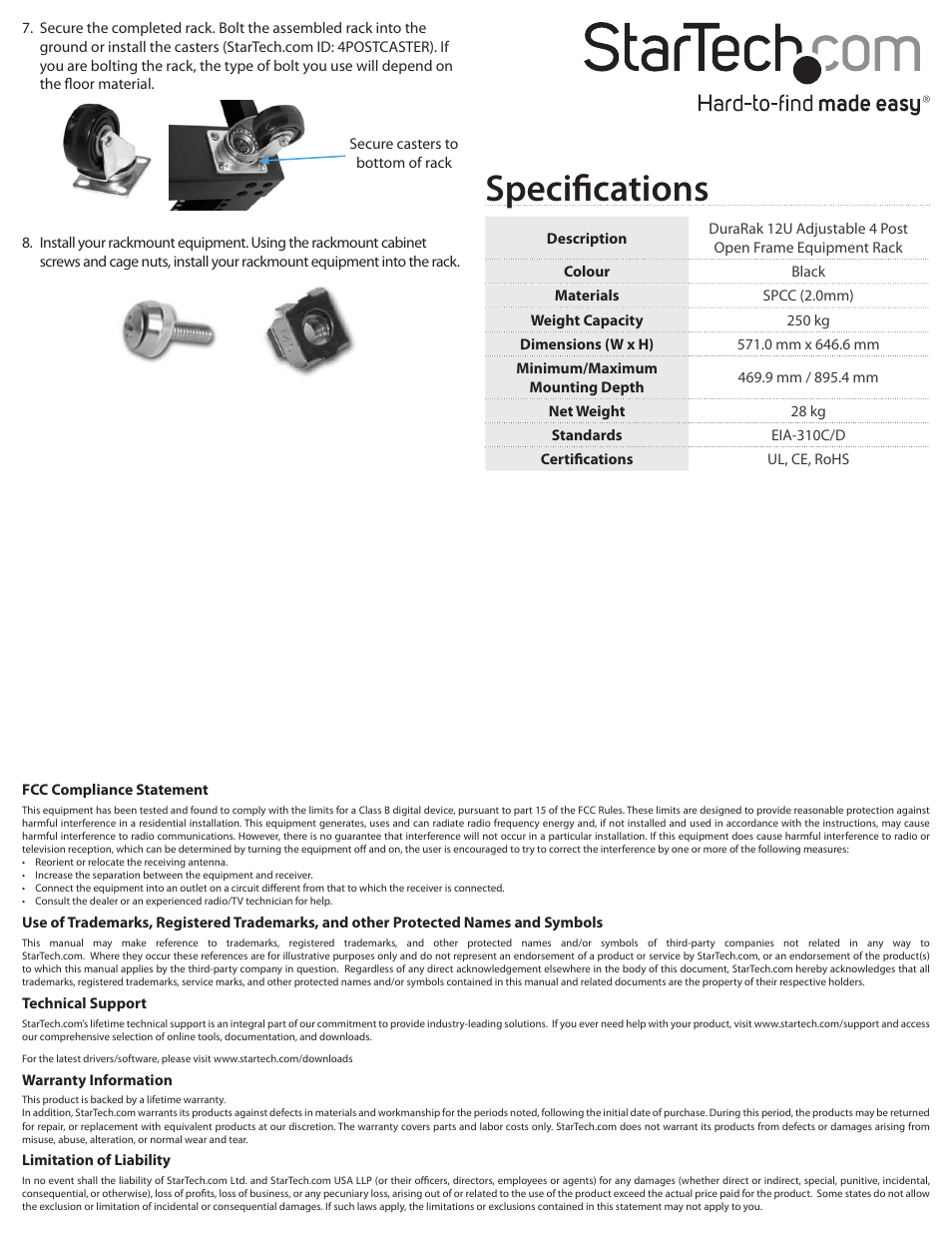 Specifications | StarTech.com 4POSTRACK12 User Manual | Page 2 / 2