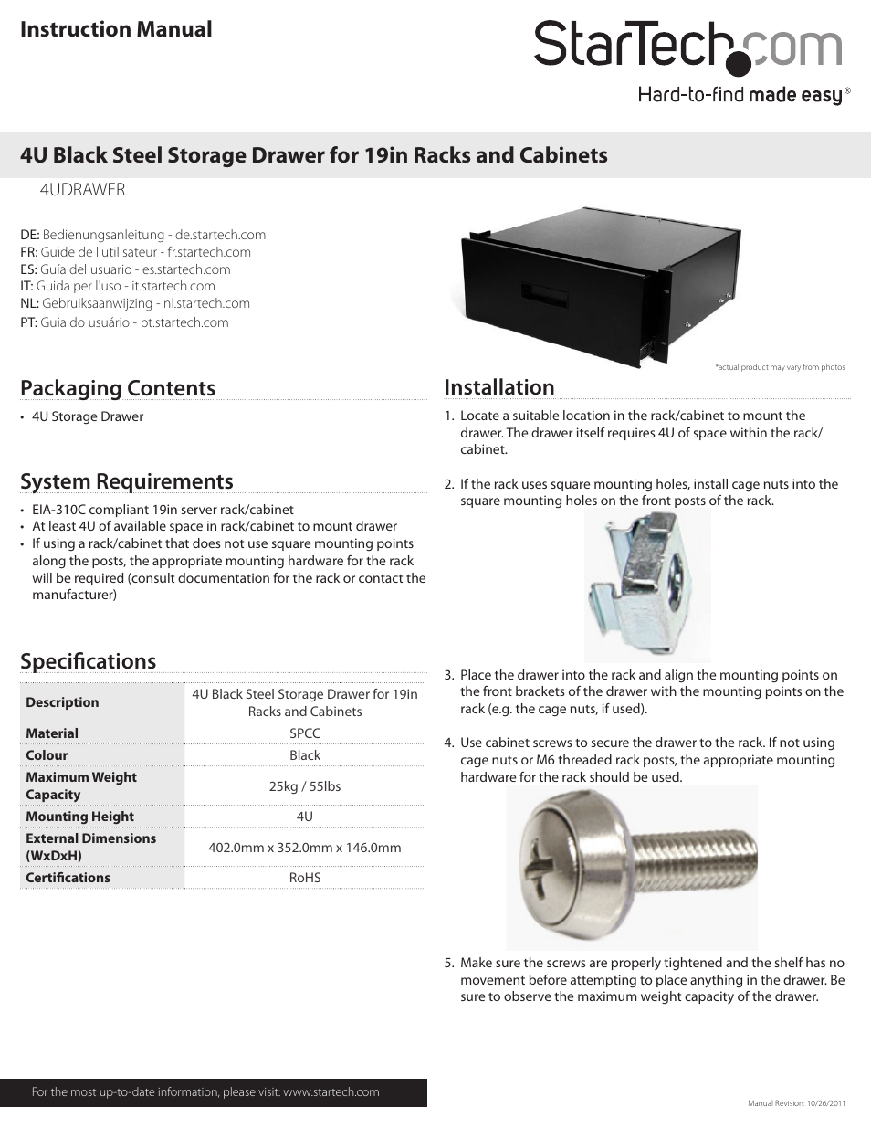 StarTech.com 4UDRAWER User Manual | 2 pages