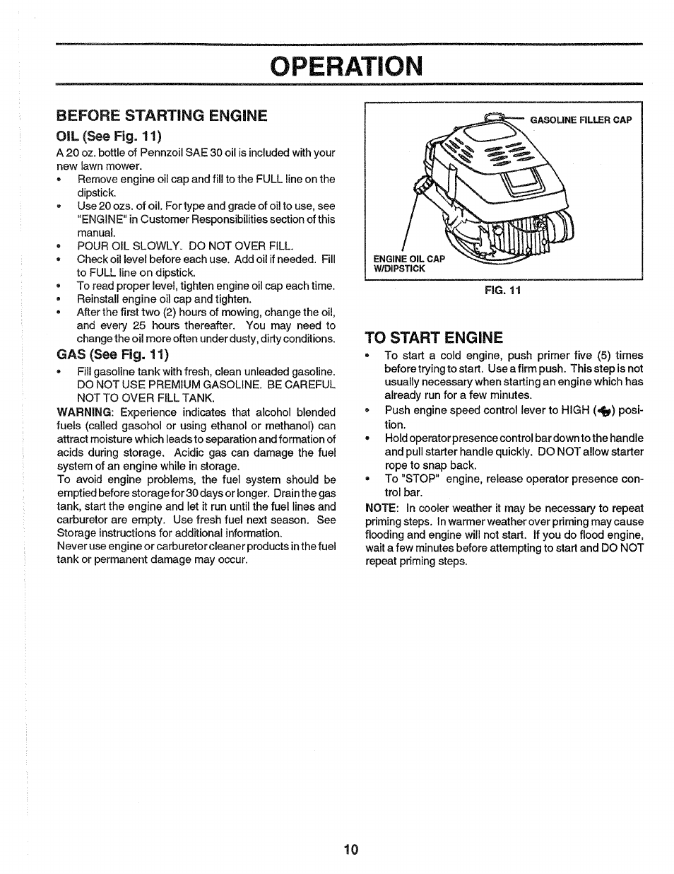 Gas (see fig. 11), Operation, Before starting engine | Oil (see fig. 11) | Craftsman 917.372480 User Manual | Page 10 / 28