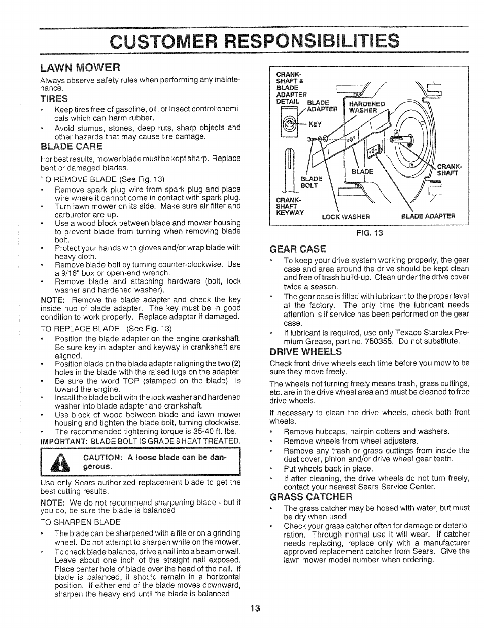 Lawn mower, Tires, Blade care | Gear case, Drive wheels, Grass catcher, Lawn mower -22, Customer responsibilities | Craftsman 917.372480 User Manual | Page 13 / 28