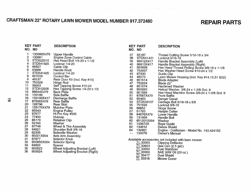 Repair parts | Craftsman 917.372480 User Manual | Page 19 / 28