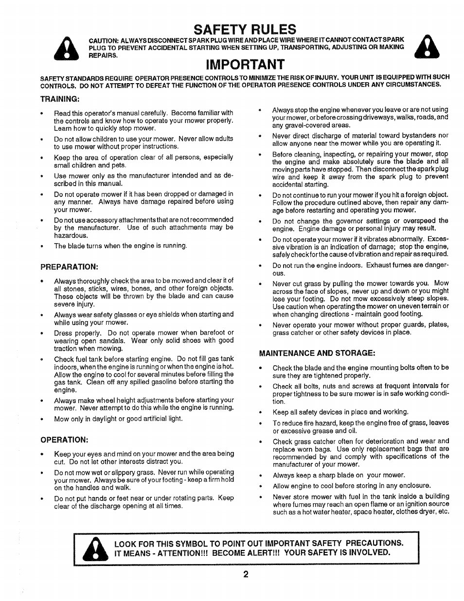 Training, Preparation, Operation | Maintenance and storage, Safety rules, Important | Craftsman 917.372480 User Manual | Page 2 / 28