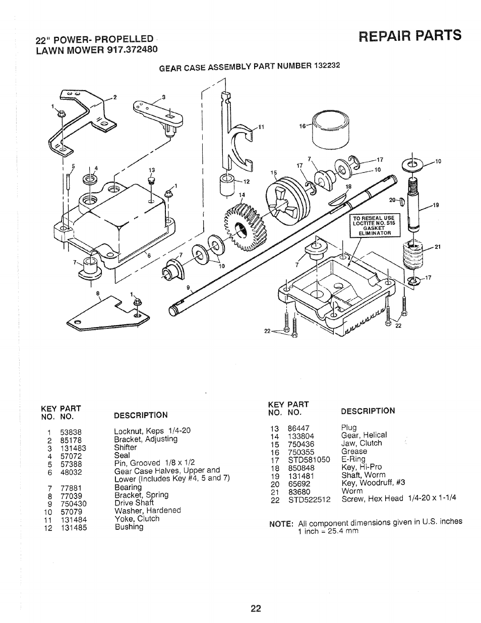 Repair parts, 22“ power- propelled | Craftsman 917.372480 User Manual | Page 22 / 28