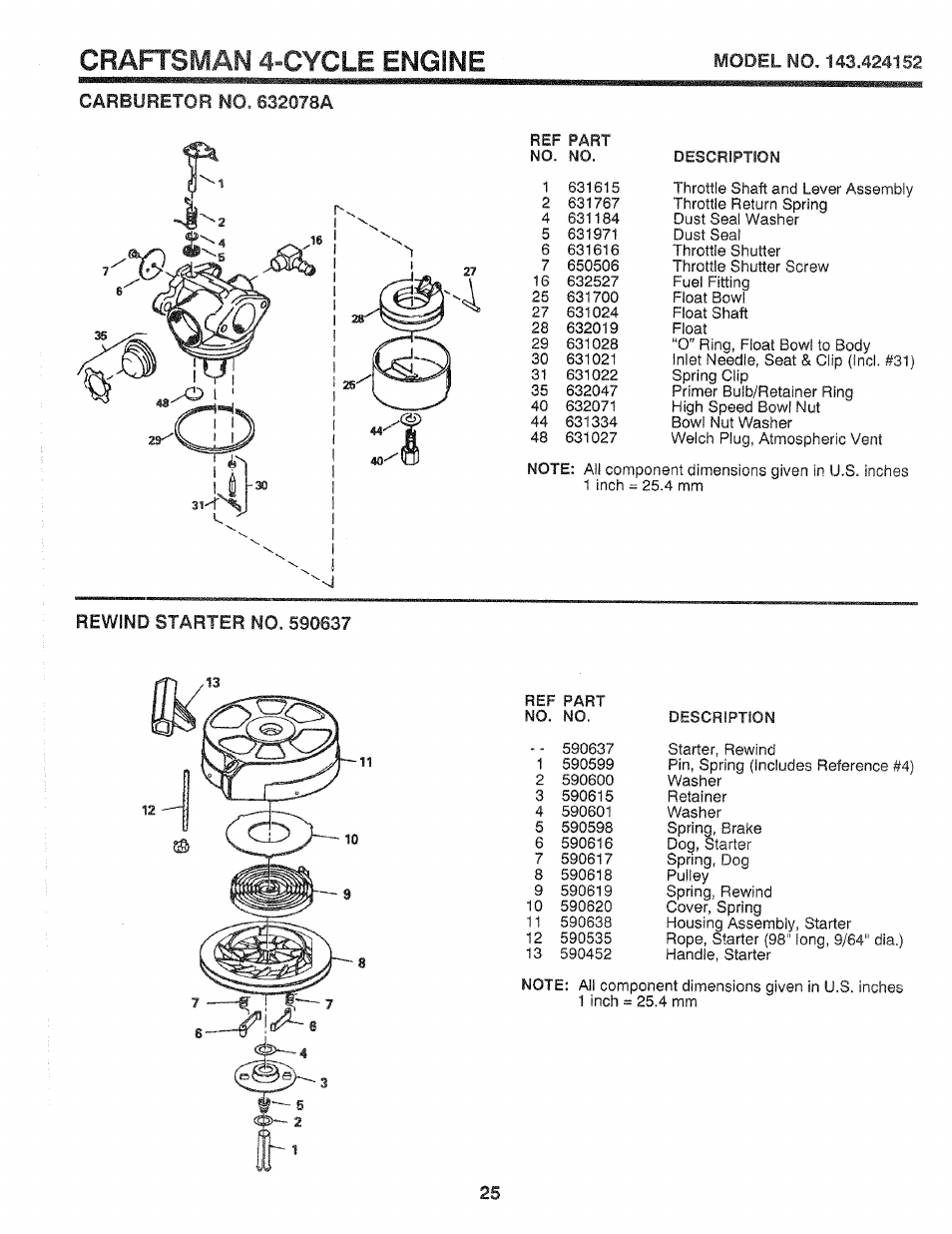 Carburetor no. 632078a, Rewind starter no. 590637, Craftsman 4-cycle engine | Craftsman 917.372480 User Manual | Page 25 / 28