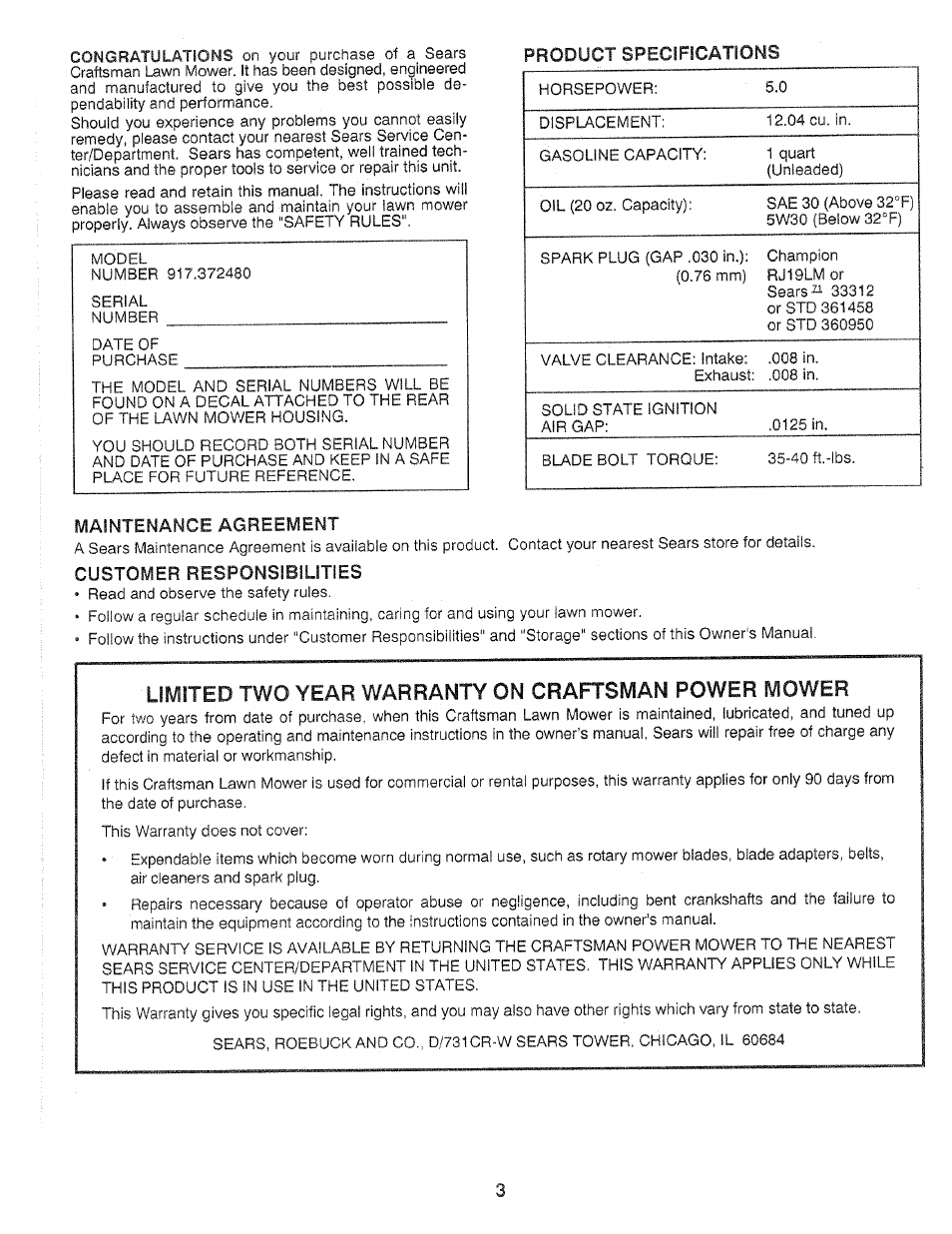 Product specifications, Maintenance agreement, Customer responsibilities | Limited two year warranty on craftsman power mower | Craftsman 917.372480 User Manual | Page 3 / 28