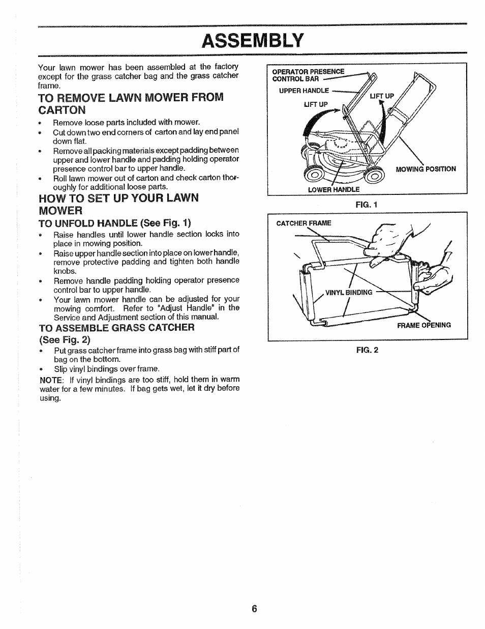 To remove lawn mower from carton, How to set up your lawn, To unfold handle (see fig. 1) | To assemble grass catcher {see fig. 2), Assembly, How to set up your lawn mower | Craftsman 917.372480 User Manual | Page 6 / 28