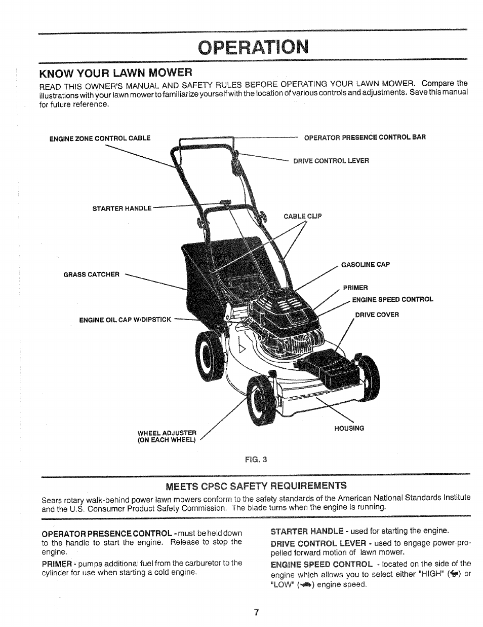 Know your lawn mower, Meets cpsc safety requirements, Operation | Craftsman 917.372480 User Manual | Page 7 / 28