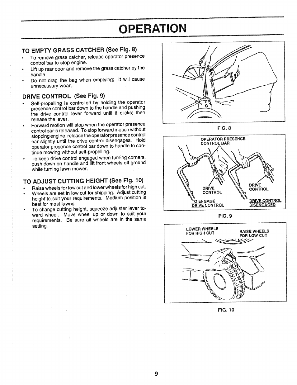 Drive control (see fig. 9), To adjust cutting height (see fig. 10), Operation | Craftsman 917.372480 User Manual | Page 9 / 28