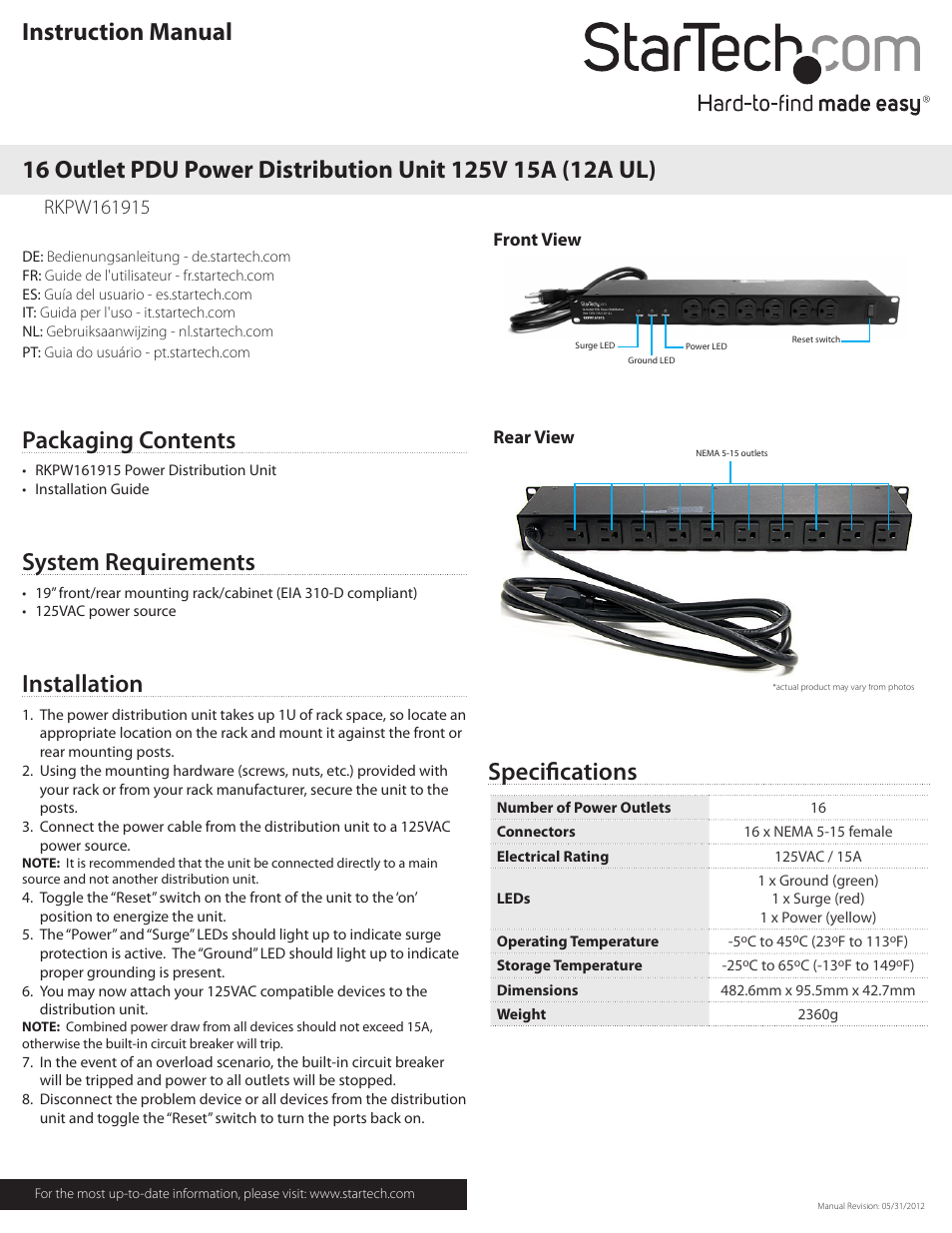 StarTech.com RKPW161915 User Manual | 2 pages