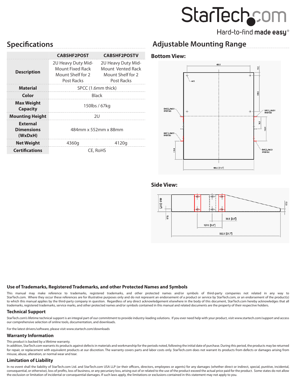 Specifications, Adjustable mounting range, Bottom view: side view | StarTech.com CABSHF2POSTV User Manual | Page 2 / 2