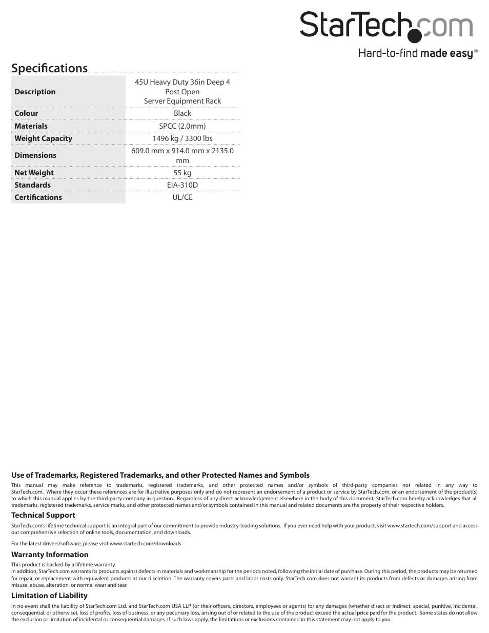 Specifications | StarTech.com 4POSTRACKHD User Manual | Page 2 / 2